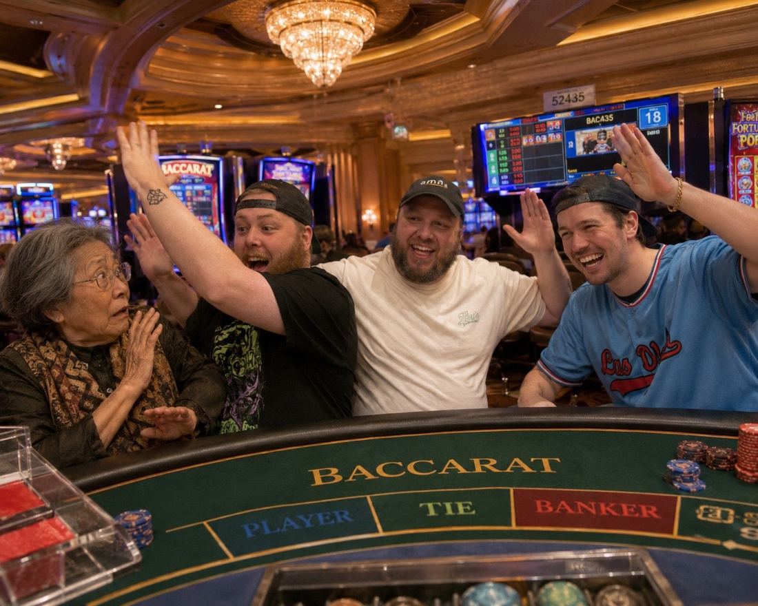 Friends celebrating at a baccarat table